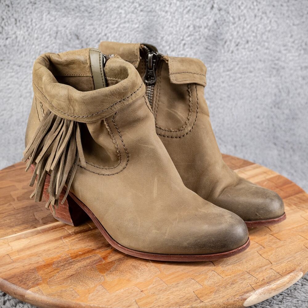 Sam Edelman‎ Womens Louie Suede Ankle Boots 7.5 Moss Green Fringe